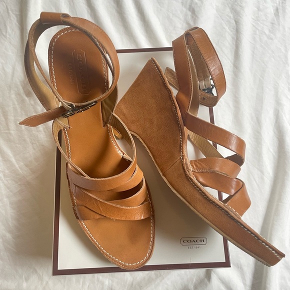 Coach Brown Leather Women's Wedge Sandals - Picture 3 of 9